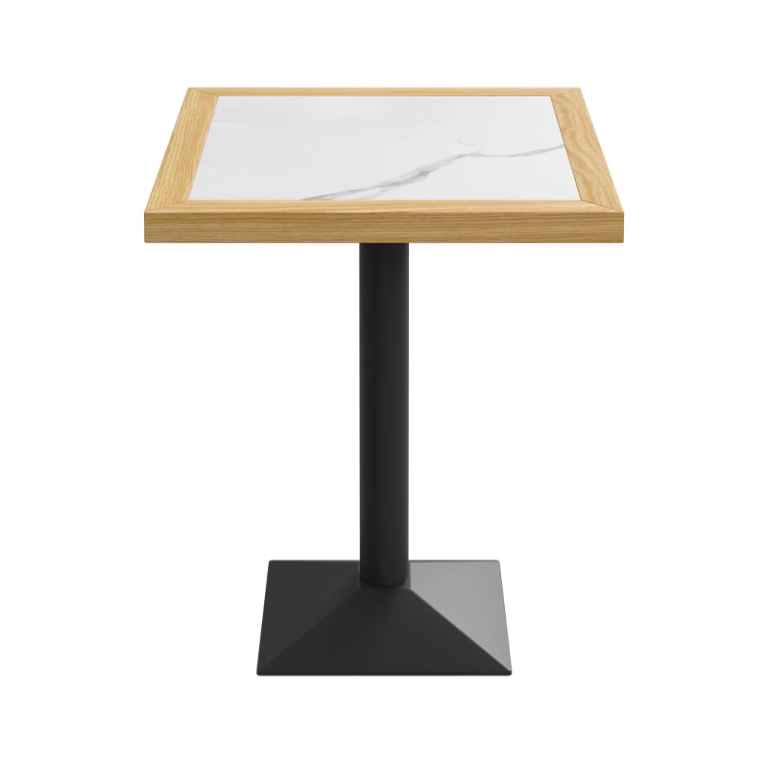 A square restaurant table with a marble top and wood trim, mounted on a black metal base.