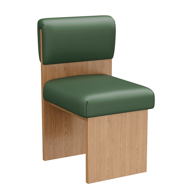 Green upholstered dining chair with a wooden frame and padded seat. Contemporary and functional design.