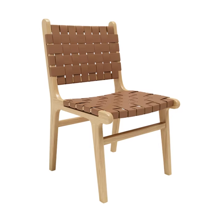 Light brown wooden chair with a woven leather seat and backrest in a modern design