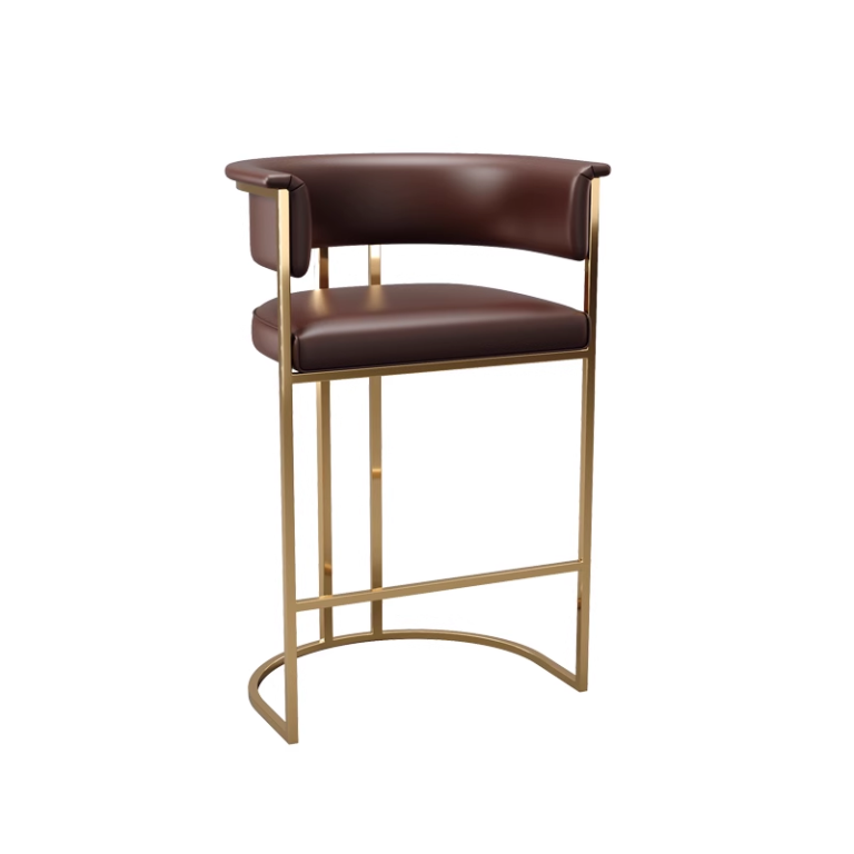 Luxurious metal frame bar stool with a rich burgundy leather seat and backrest for refined decor.