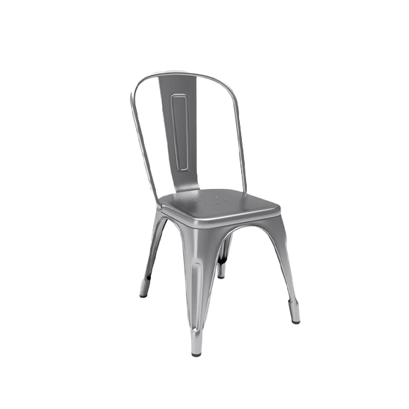 Silver metal dining chair with an industrial design, featuring a contoured backrest and sturdy frame.