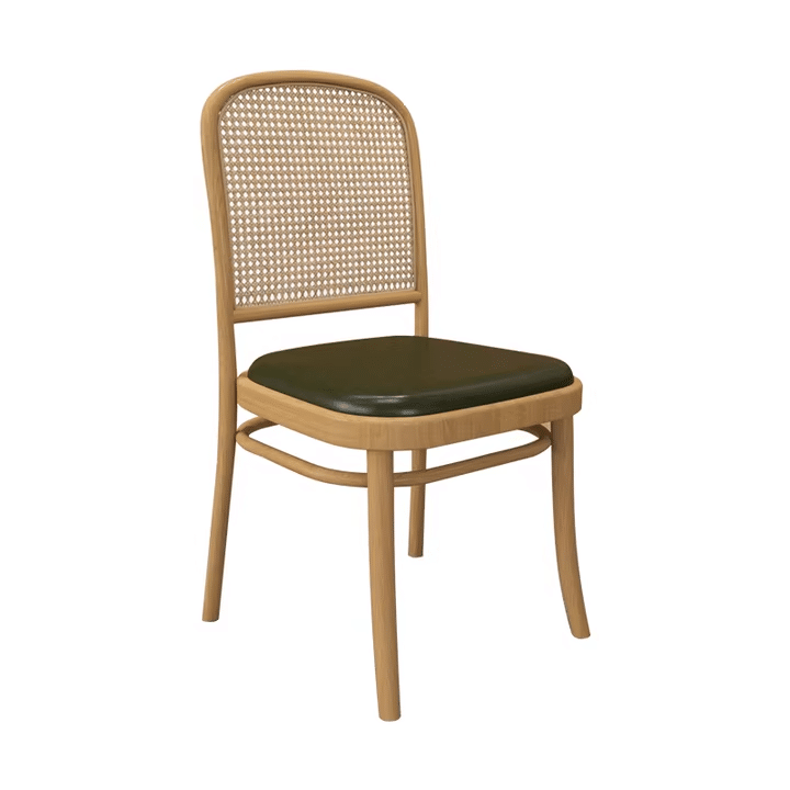 Minimalist bamboo chair with dark green cushion and woven backrest