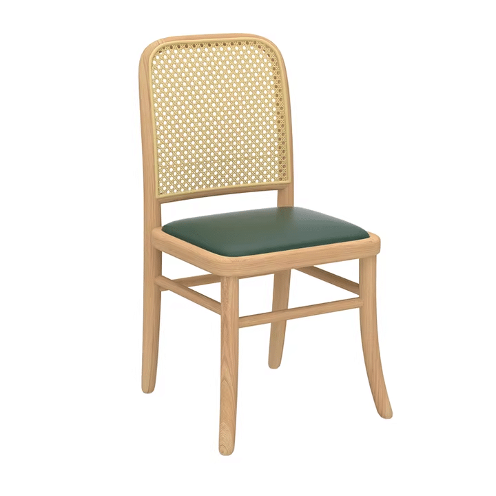 Minimalist wooden chair with dark green cushion and natural wood frame