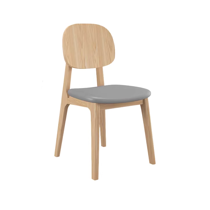 minimalist wooden chair with grey cushion, designed for modern dining rooms and cafes, stylish and comfortable seating.