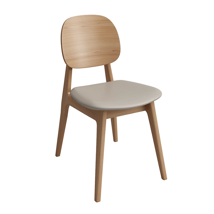 wooden dining chair with grey cushion, minimalist style, suitable for restaurants and modern dining rooms.