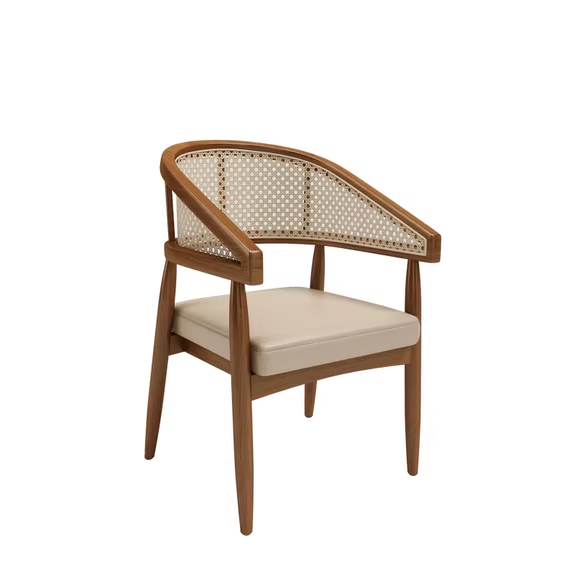 Modern dining chair with wooden cane backrest and beige cushioned seat