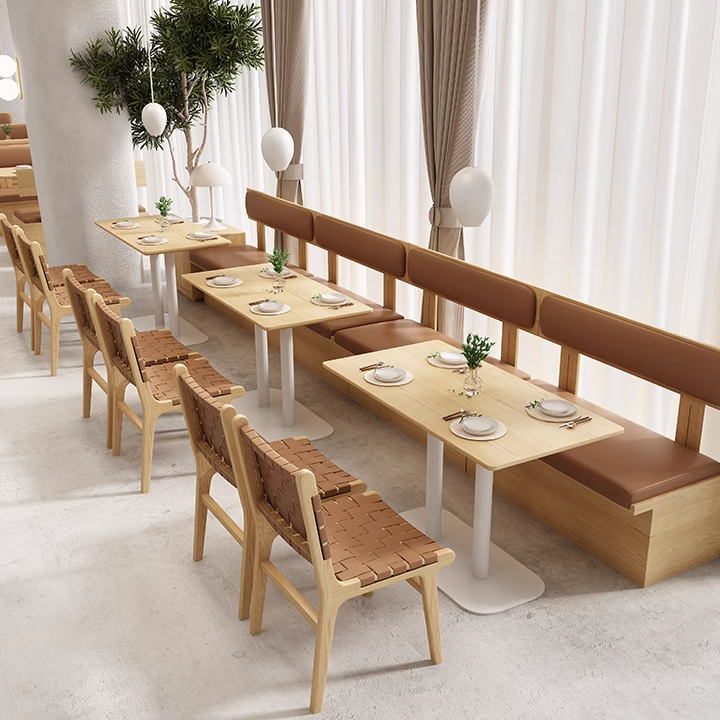 Modern dining room with wooden tables, woven chairs, and comfortable brown bench seating.