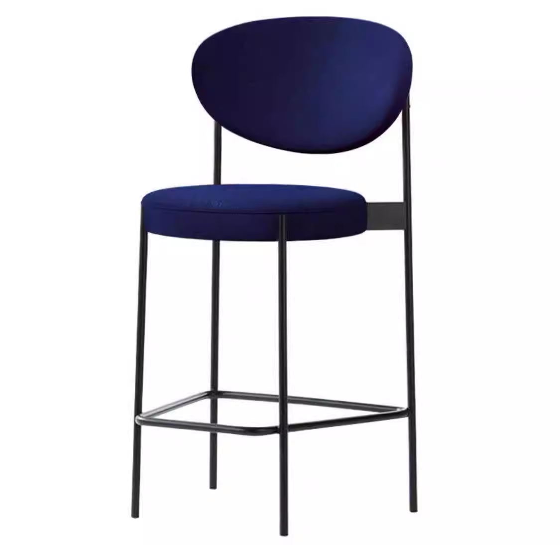 Modern bar stool with a round blue fabric seat and backrest, supported by a slim black metal frame.