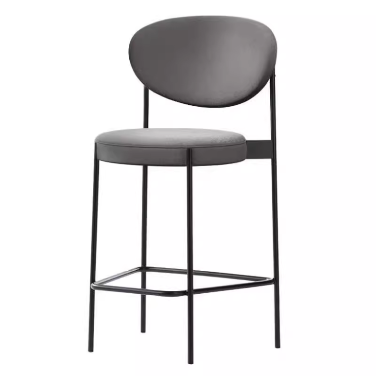 Sleek bar stool with gray fabric upholstery, round backrest, and a black metal frame with footrest.