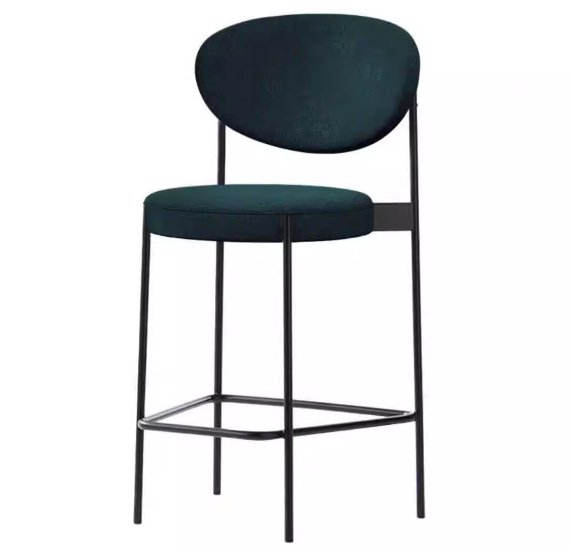 Contemporary bar stool in teal fabric, round seat and backrest, with a slim black metal frame.