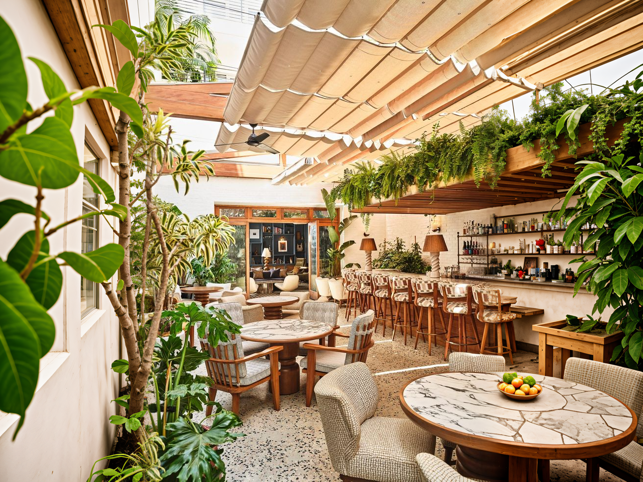 Modern outdoor dining space featuring a bar area, wooden furniture, marble-top tables, and lush green plants under a retractable awning.