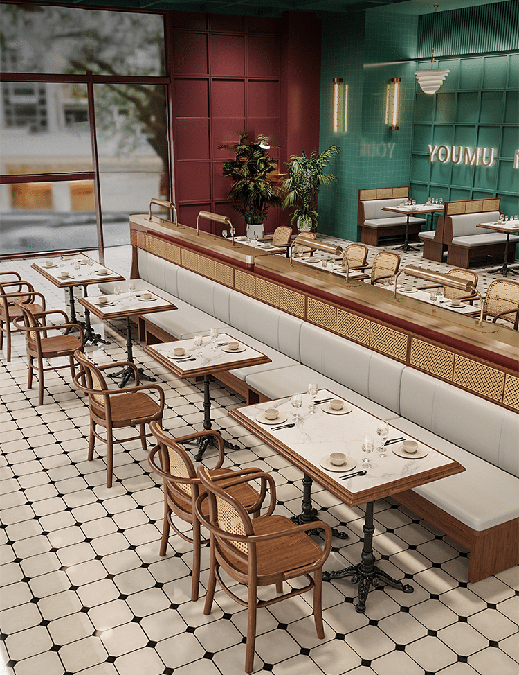 Contemporary restaurant furniture featuring armrest cane chairs with a wooden frame, ideal for comfortable seating