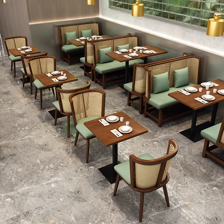 Modern restaurant dining with wooden cane chairs and wooden tables, beige cushions and greenish lighting, restaurant seating area