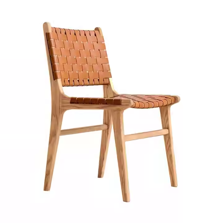 Modern woven leather dining chair with a wooden frame and natural finish, offering a clean and minimalistic style.