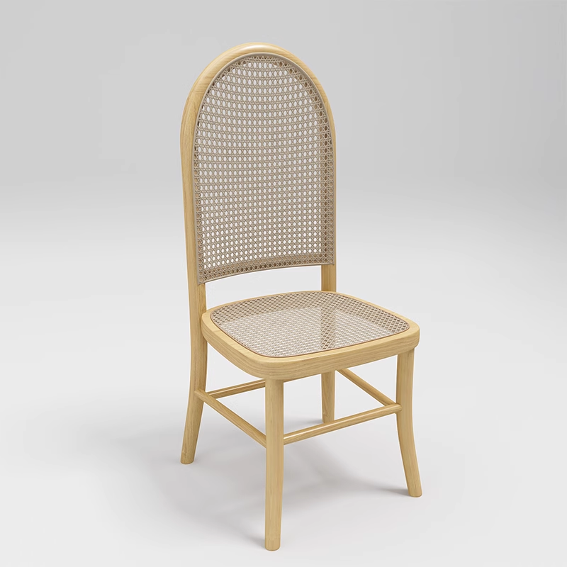 Natural cane dining chair with beige seat and wooden frame