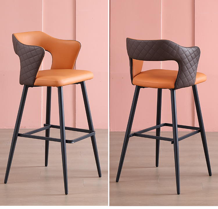 Three customizable leather barstools in different colors with black metal frames and quilted backrests.