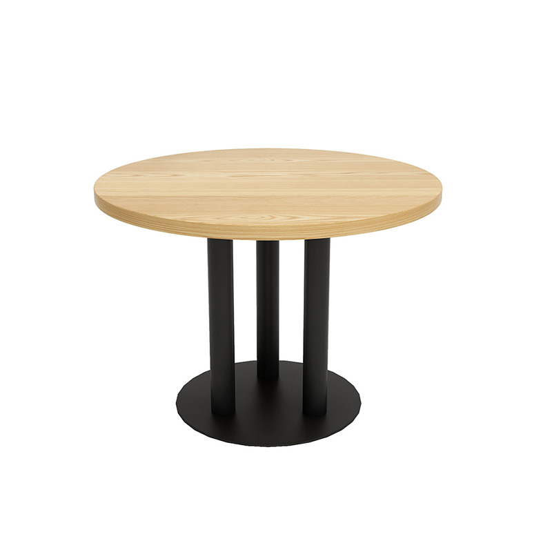 Round veneer plywood table with black metal pedestal base, modern and sleek design for dining or commercial spaces.