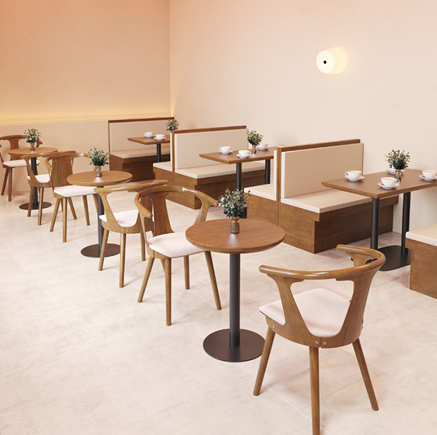 A stylish rectangular wooden table with a dark metal base, surrounded by wooden chairs, suitable for a modern café.