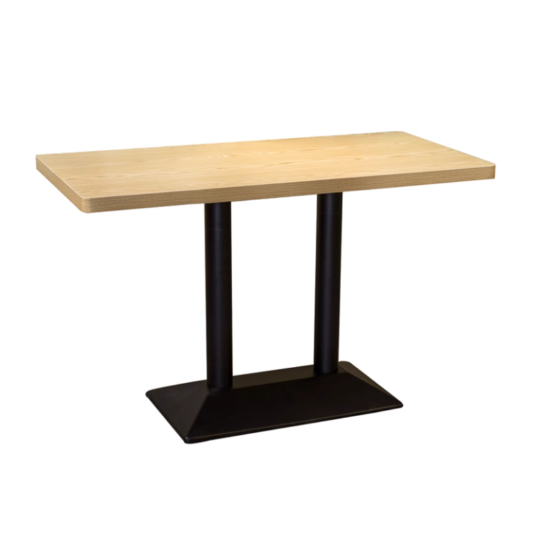 Rectangular wooden table with black pedestal legs, modern furniture design for dining rooms or cafes.