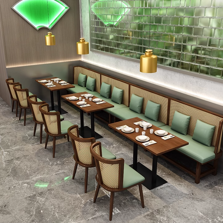 Modern restaurant design with wooden cane chairs, tables, green lighting accents, and beige cushioned seats, creating a cozy dining atmosphere