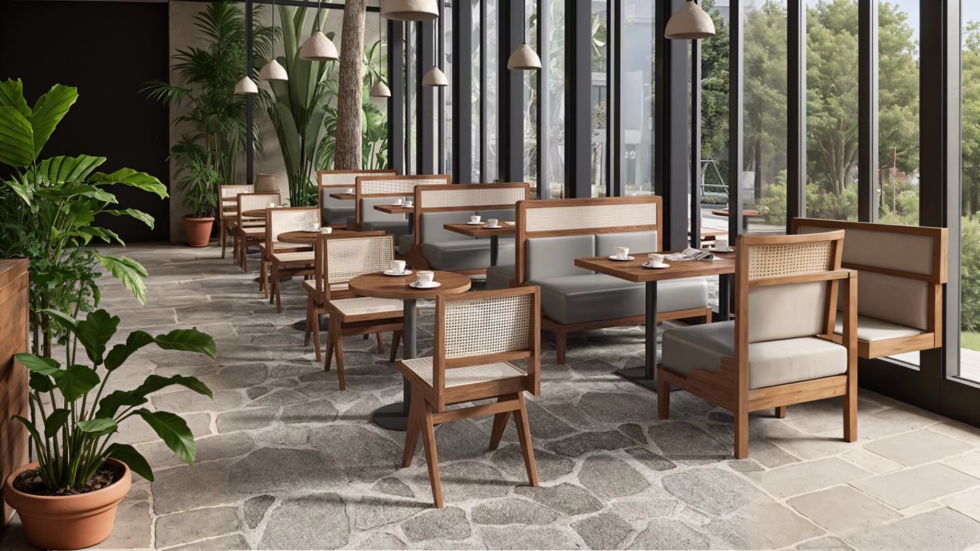 A contemporary dining area featuring rattan chairs, wooden booth seating, and floor-to-ceiling windows with lush greenery outside.