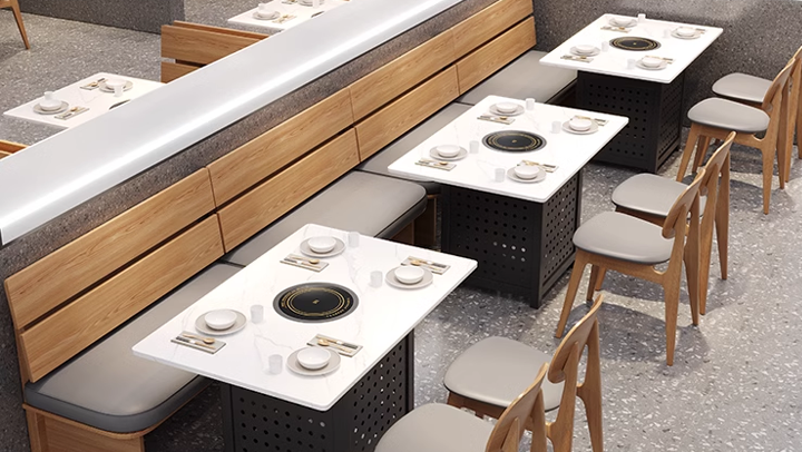 Cozy hot pot restaurant furniture set with sleek white tables, wooden back bench seating, and modern wooden chairs, ideal for dining areas.