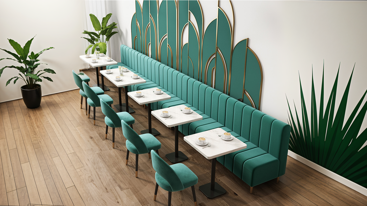 Vintage-Modern restaurant seating with teal booth chairs and marble tables, featuring plant decor and a stylish backdrop.