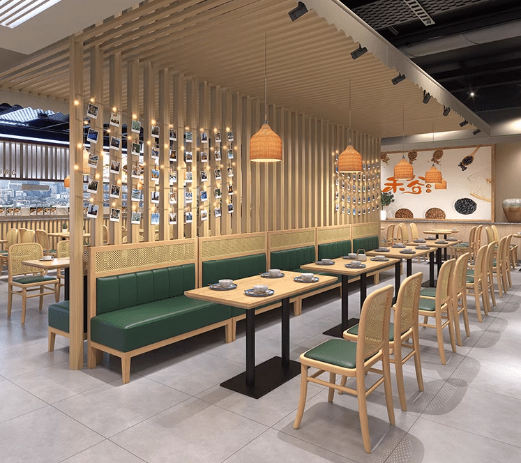 Restaurant seating with wooden tables, green cushioned benches, and chairs with rattan backs for a modern dining environment.