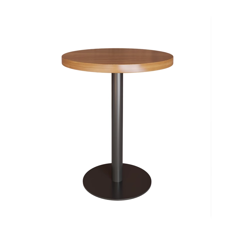 Round wood top table with black pedestal base; modern design, ideal for cafe or casual dining spaces.