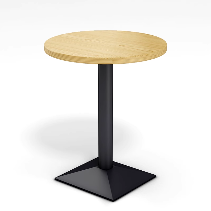 Small round wooden table with a natural wood finish and a black metal pedestal base, suitable for intimate settings.