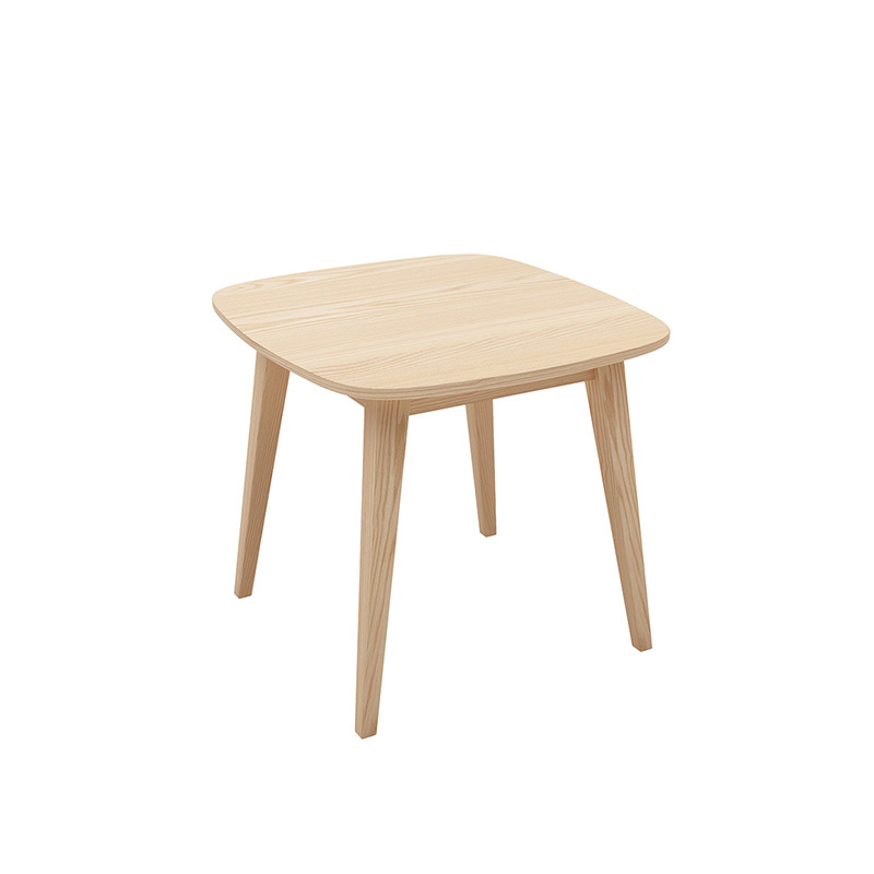 A round wooden table with a simple design and small metal stand. The table has a light wood finish and a minimalistic aesthetic.