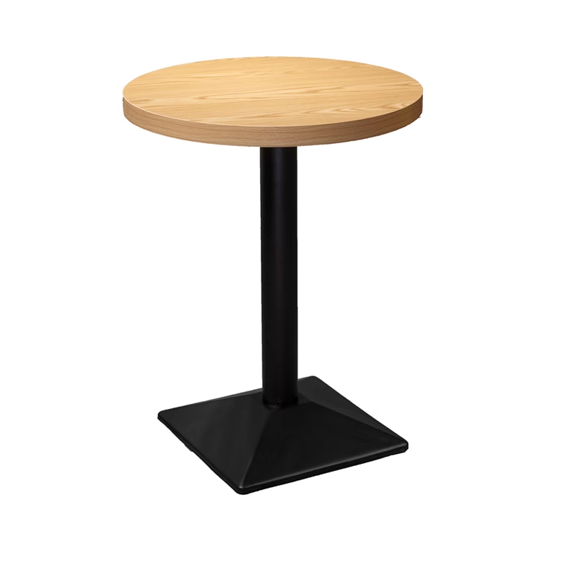 Round wooden table with black metal base, perfect for compact dining spaces or casual meetings.