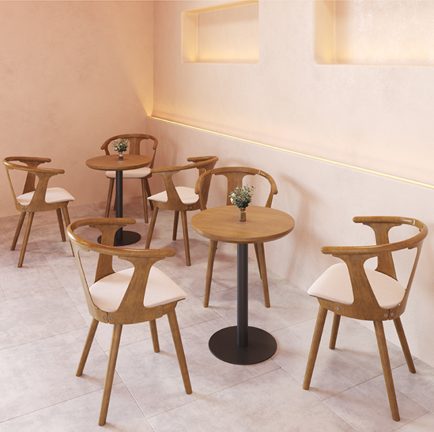 A small round wooden table with a 60cm diameter, black metal base, and a modern minimalist design suitable for cafes and home use.