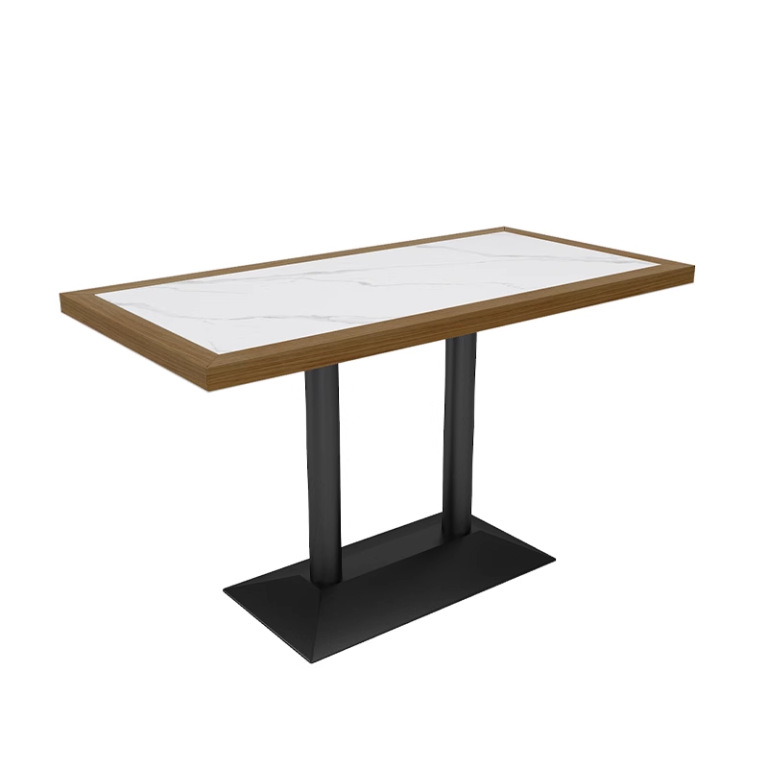 Solid wood edge marble dining table with rectangular shape and black metal base.