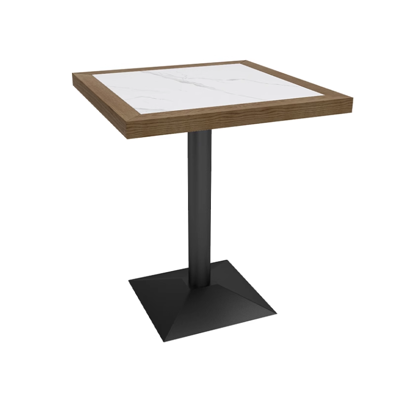 Square solid wood edge marble dining table with black metal base.