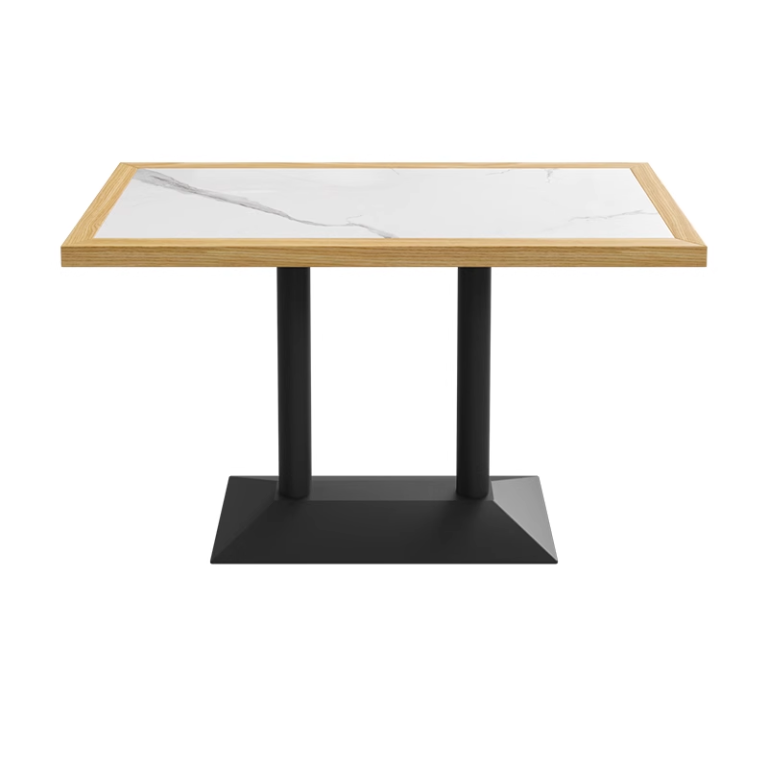 A rectangular restaurant table featuring a marble top with wood trim, supported by a black metal base.