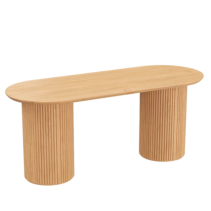 Elegant solid wood oval dining table with ribbed columns, perfect for modern dining spaces.