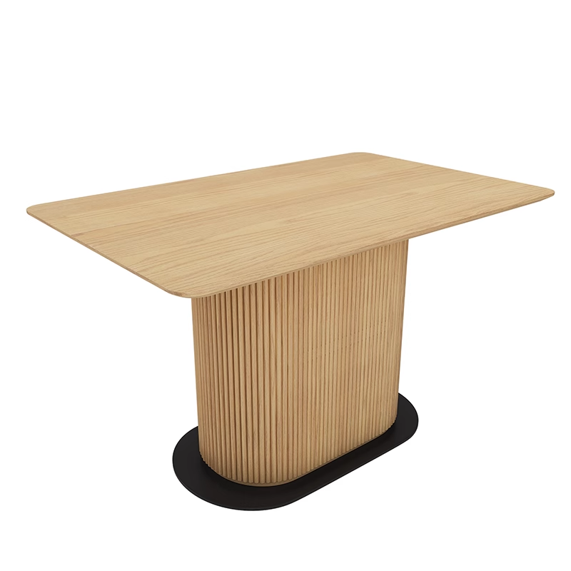 Elegant wooden rimmed rock slab dining table with a rectangular top and black base, perfect for modern restaurant interiors.