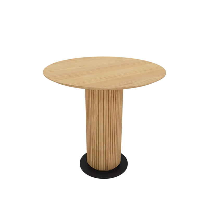 Round wooden rimmed rock slab table with a black pedestal base, designed for modern restaurant seating arrangements.