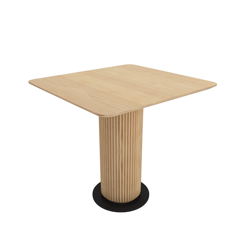 Contemporary wooden rimmed rock slab table with a square top and black pedestal base, suitable for cafes and dining rooms.