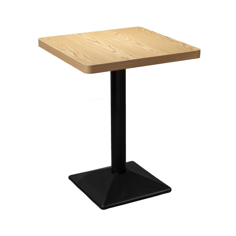 Square wooden table with a light wood top and black metal pyramid base, modern design suitable for dining spaces.