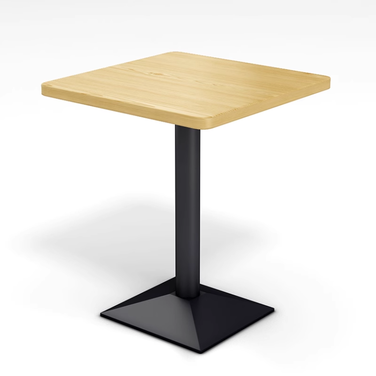 Square wooden table with a simple black metal base, designed for compact dining spaces.