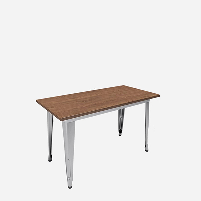 A rectangular table with a stainless steel frame and a wooden top, featuring four stainless steel legs and a cross-bracing support for added stability.