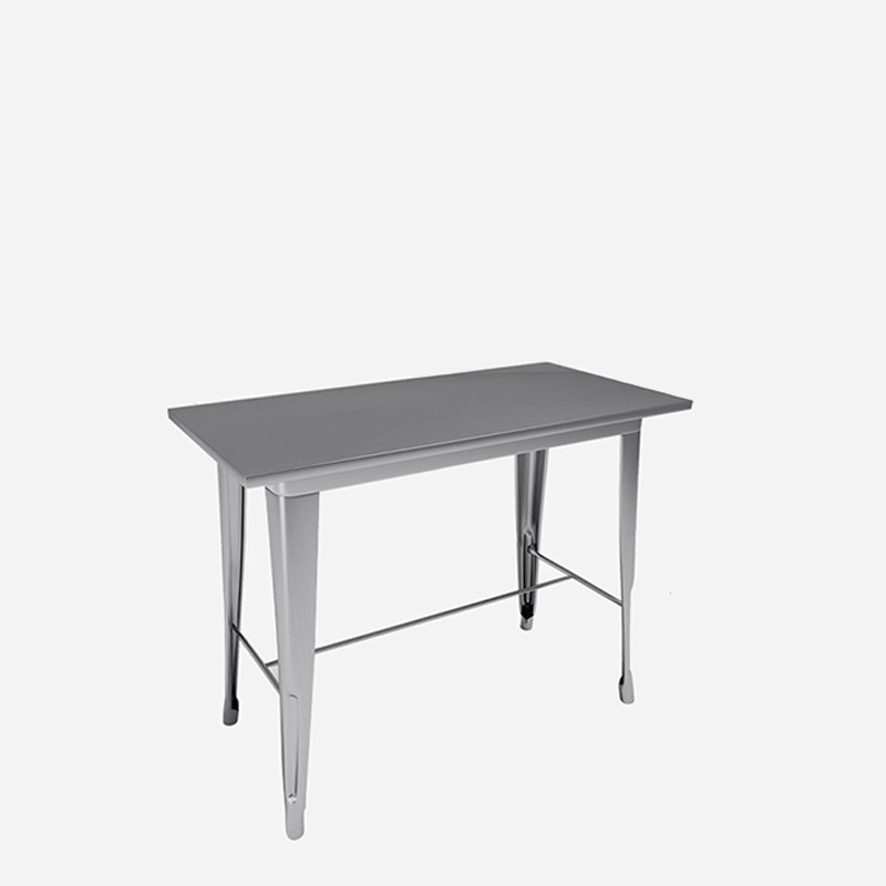 A silver steel-framed rectangular table with clean lines and simple design.