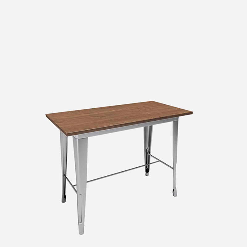 A rectangular table with a stainless steel frame and a wooden top, featuring four stainless steel legs and a cross-bracing support for added stability.