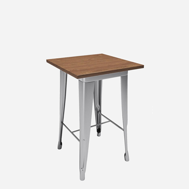 A small square table with a stainless steel frame, featuring a wooden tabletop and four steel legs with a cross-brace for support.