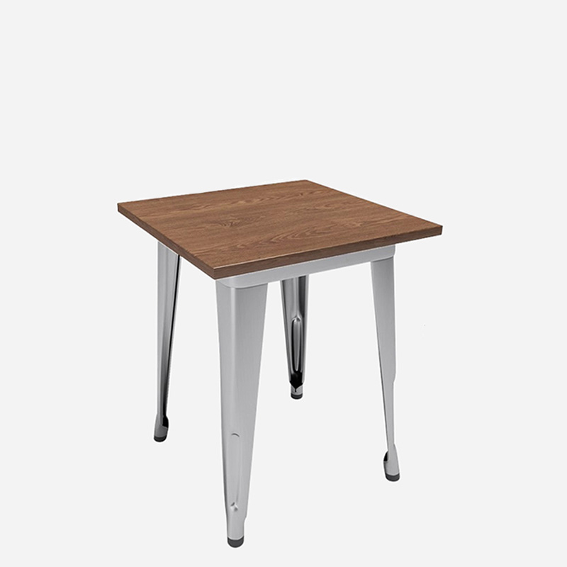 A square table with a stainless steel frame and a wooden tabletop. The table has four stainless steel legs with a cross-bracing support at the bottom.