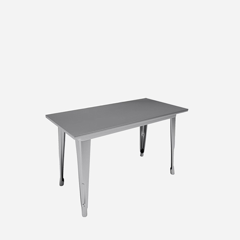 Stainless steel rectangular table with a 120x60cm top, supported by stylish, sturdy legs.