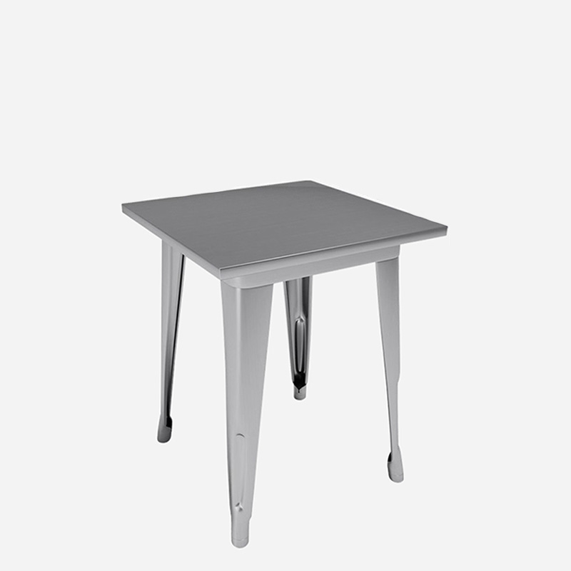 Small stainless steel square table with clean lines, perfect for compact spaces.