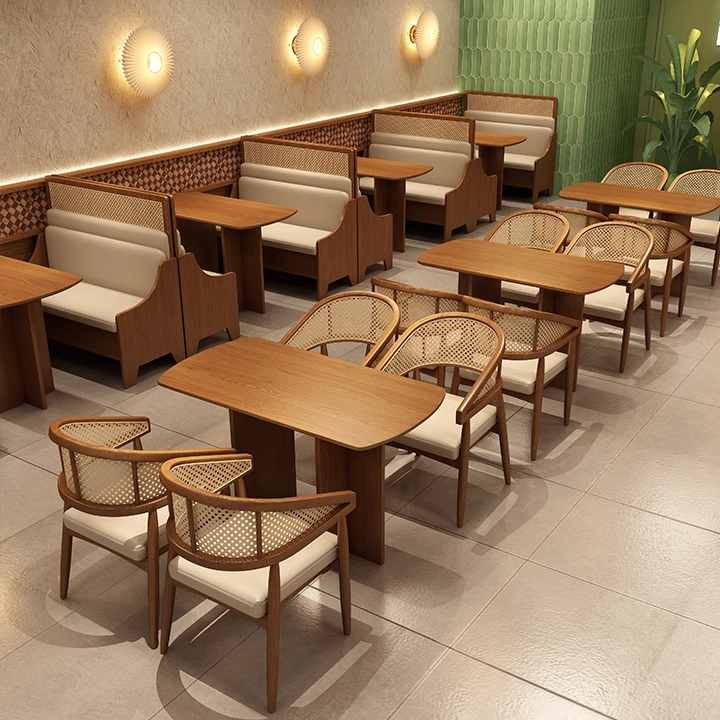 Modern dining setting with wooden cane chairs and square tables. 